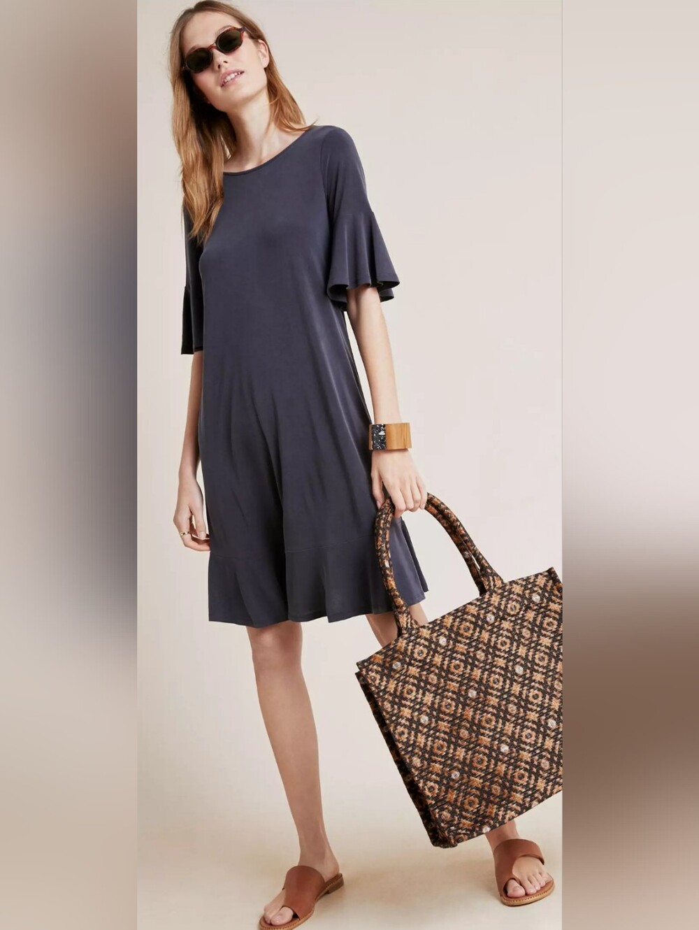 🌼B2G1🌼 Anthropologie Charcoal Gray Mini Dress with Fluted Sleeves NWOT